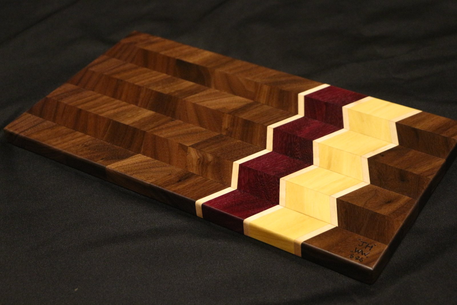 Walnut, Yellowheart, Maple, and Purpleheart cutting board